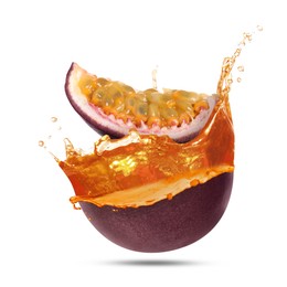 Image of Tasty passion juice splashing out from cut fruit in air on white background