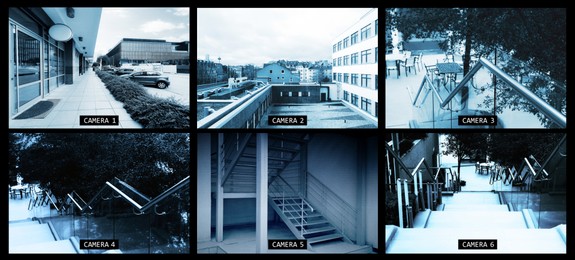 Image of CCTV system. Surveillance camera views from different locations, collage