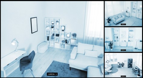 Image of CCTV system. Surveillance camera views from different rooms, collage