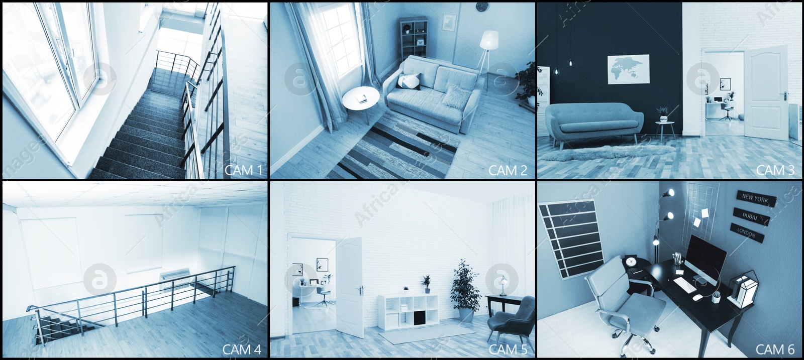 CCTV system. Surveillance camera views from different rooms, collage Image of CCTV system. Surveillance camera views from different rooms, collage