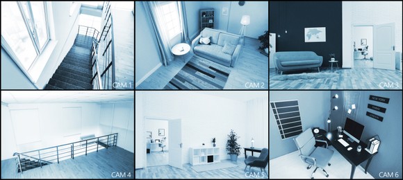 Image of CCTV system. Surveillance camera views from different rooms, collage