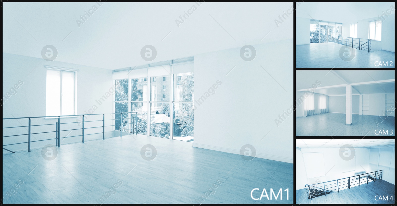 CCTV system. Surveillance camera views from different rooms, collage Image of CCTV system. Surveillance camera views from different rooms, collage