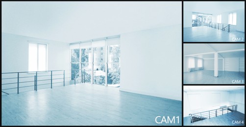 Image of CCTV system. Surveillance camera views from different rooms, collage
