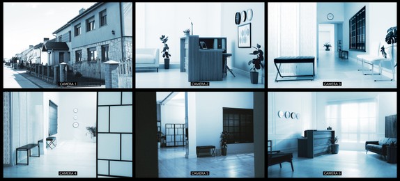 Image of CCTV system. Surveillance camera views from different locations, collage