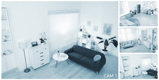 Image of CCTV system. Surveillance camera views from different rooms, collage