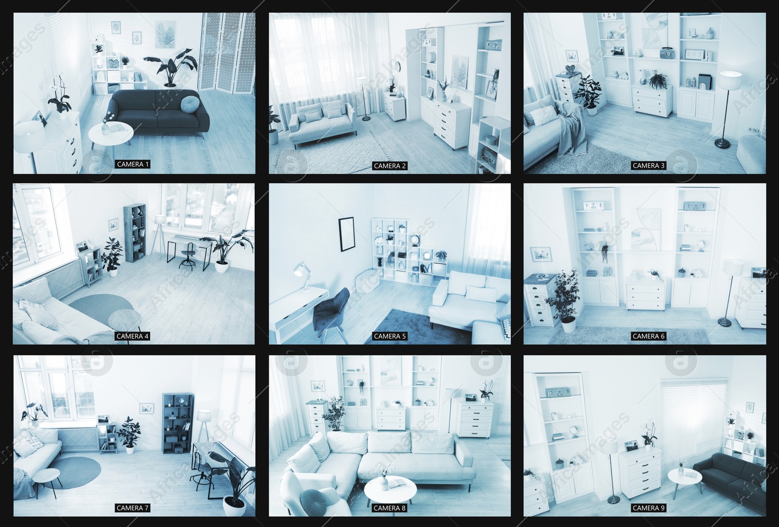 CCTV system. Surveillance camera views from different rooms, collage Image of CCTV system. Surveillance camera views from different rooms, collage