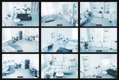 Image of CCTV system. Surveillance camera views from different rooms, collage