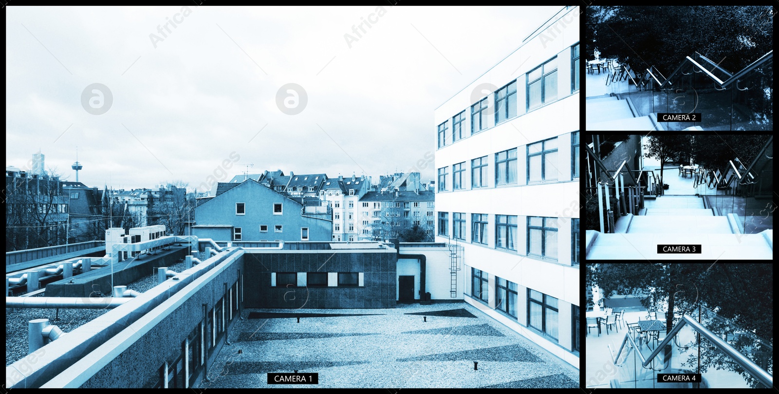 CCTV system. Surveillance camera views from different locations, collage Image of CCTV system. Surveillance camera views from different locations, collage
