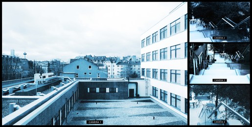 Image of CCTV system. Surveillance camera views from different locations, collage
