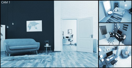 Image of CCTV system. Surveillance camera views from different rooms, collage