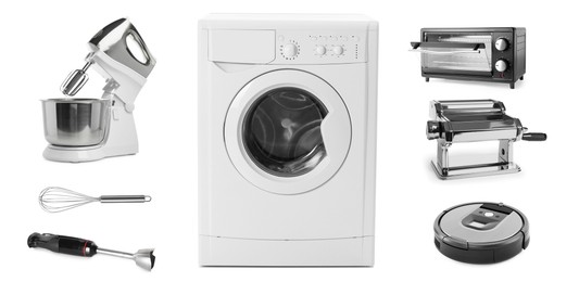 Image of Stand mixer and other household appliances isolated on white, set