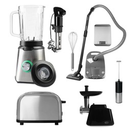 Image of Different household appliances isolated on white, set
