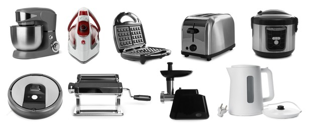 Image of Stand mixer and other household appliances isolated on white, set