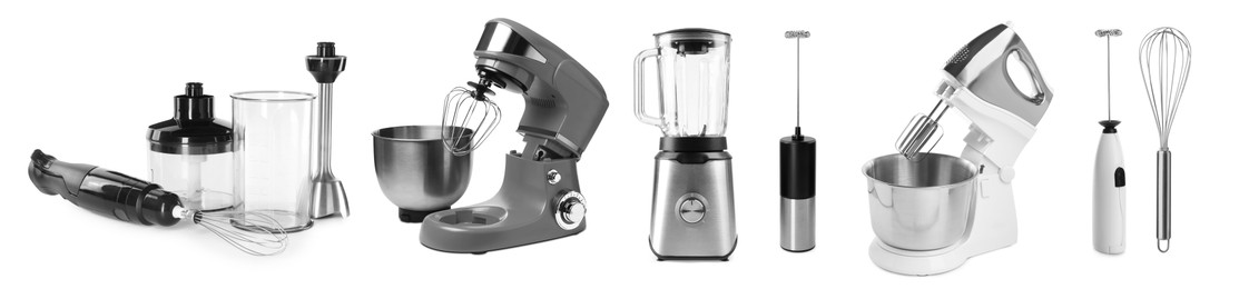 Image of Stand mixers and other household appliances isolated on white, set