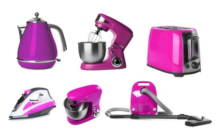 Image of Stand mixer and other household appliances isolated on white, set