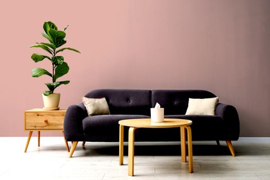 Image of Stylish living room with comfortable sofa and dusty pink wall. Interior design