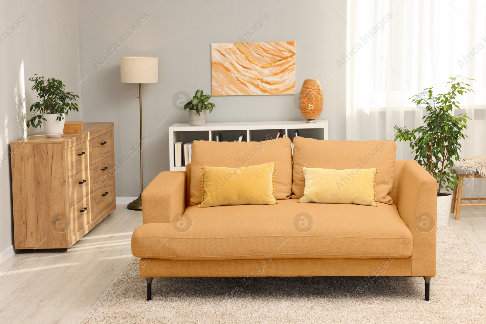 Stylish living room with comfortable sofa and light grey wall. Interior design Image of Stylish living room with comfortable sofa and light grey wall. Interior design