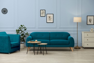 Image of Stylish living room with comfortable sofa and light greyish blue wall. Interior design