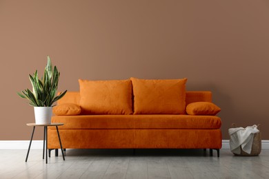 Image of Stylish living room with comfortable sofa and pale brown wall. Interior design