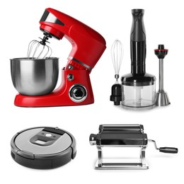 Image of Stand mixer and other household appliances isolated on white, set