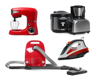 Image of Stand mixer and other household appliances isolated on white, set