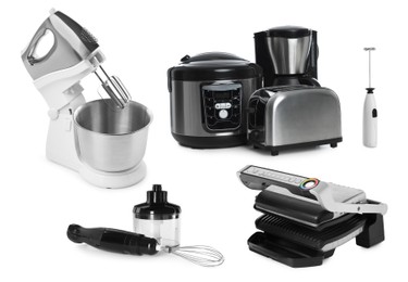 Image of Stand mixer and other household appliances isolated on white, set