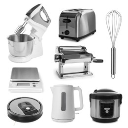 Image of Stand mixer and other household appliances isolated on white, set