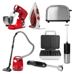 Image of Stand mixer and other household appliances isolated on white, set