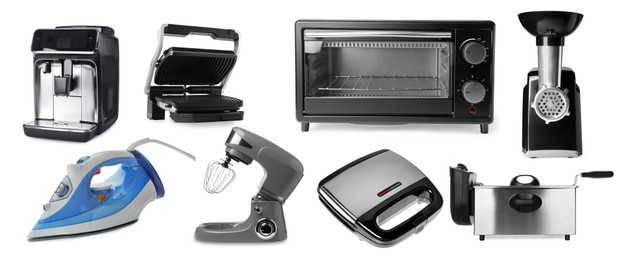Image of Stand mixer and other household appliances isolated on white, set