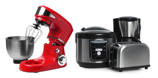 Image of Stand mixer and other household appliances isolated on white, set