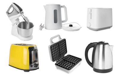 Image of Stand mixer and other household appliances isolated on white, set