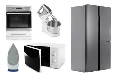Image of Stand mixer and other household appliances isolated on white, set