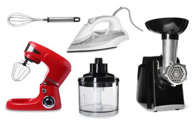 Image of Stand mixer and other household appliances isolated on white, set
