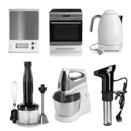 Image of Stand mixer and other household appliances isolated on white, set