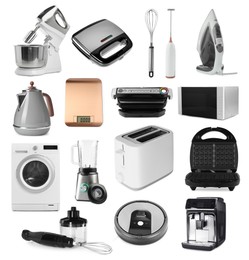 Image of Stand mixer and other household appliances isolated on white, set