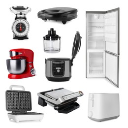 Image of Stand mixer and other household appliances isolated on white, set
