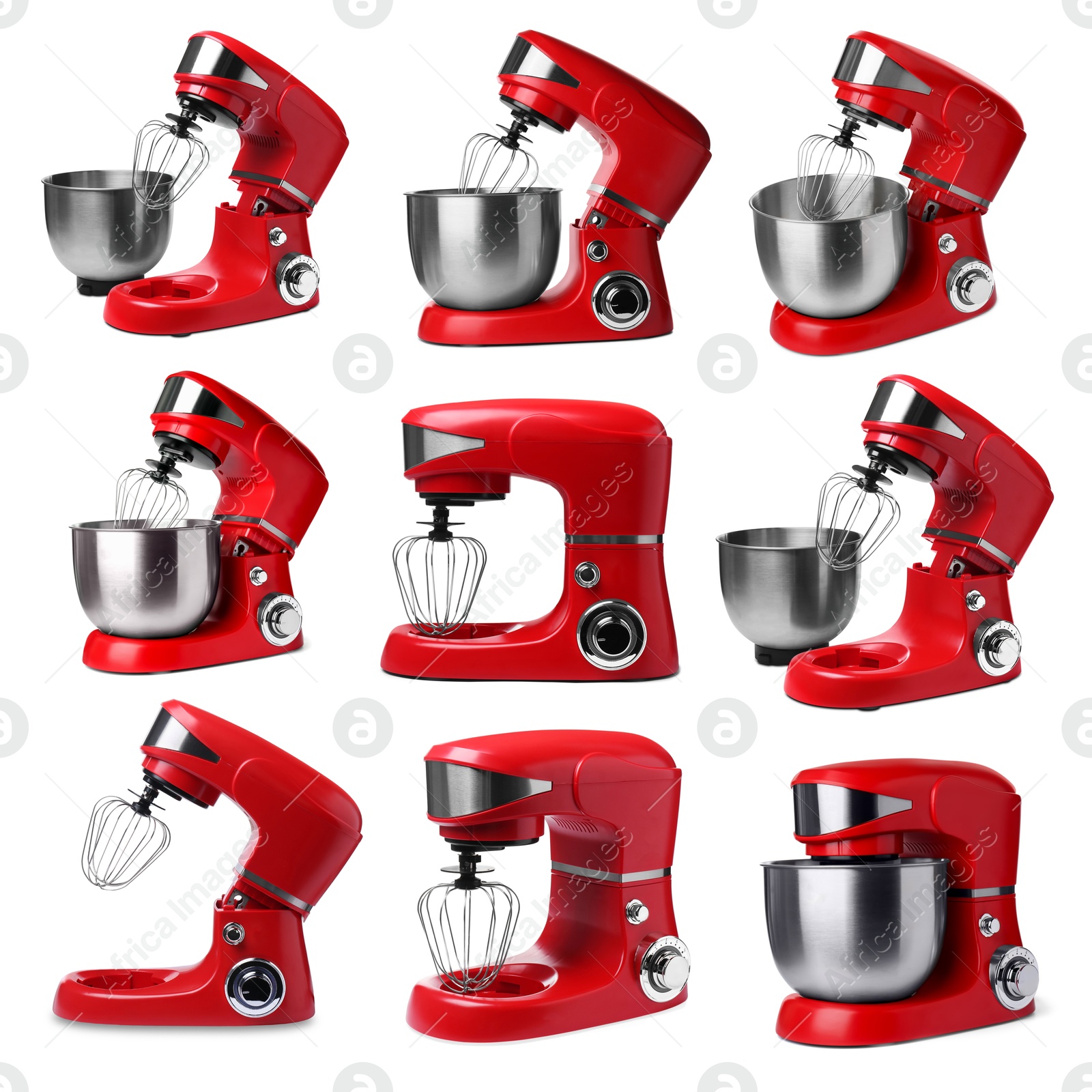 Red stand mixer isolated on white, collage Image of Red stand mixer isolated on white, collage