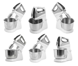Image of Modern stand mixer isolated on white, collage