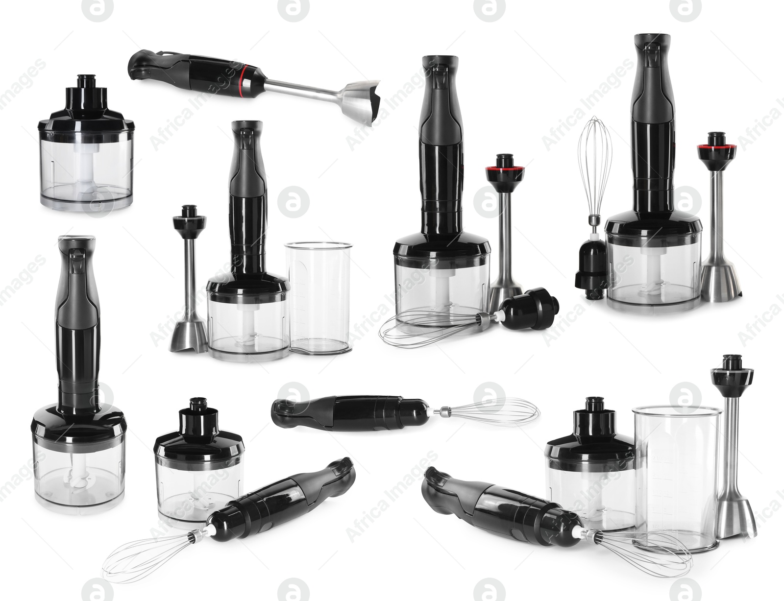 Modern hand blender kit isolated on white, collage Image of Modern hand blender kit isolated on white, collage