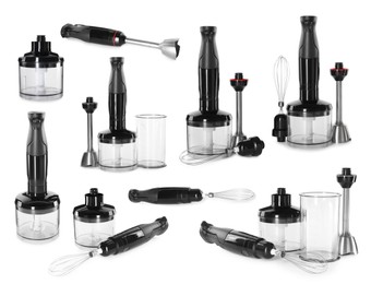 Image of Modern hand blender kit isolated on white, collage