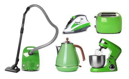 Image of Stand mixer and other household appliances isolated on white, set
