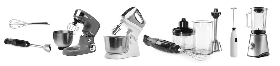 Image of Stand mixers and other household appliances isolated on white, set