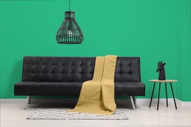 Image of Stylish living room with comfortable black sofa and color wall. Interior design