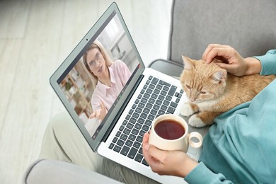 Image of Online psychologist. Woman with cat and cup of tea receiving counselling via video call on laptop at home, closeup