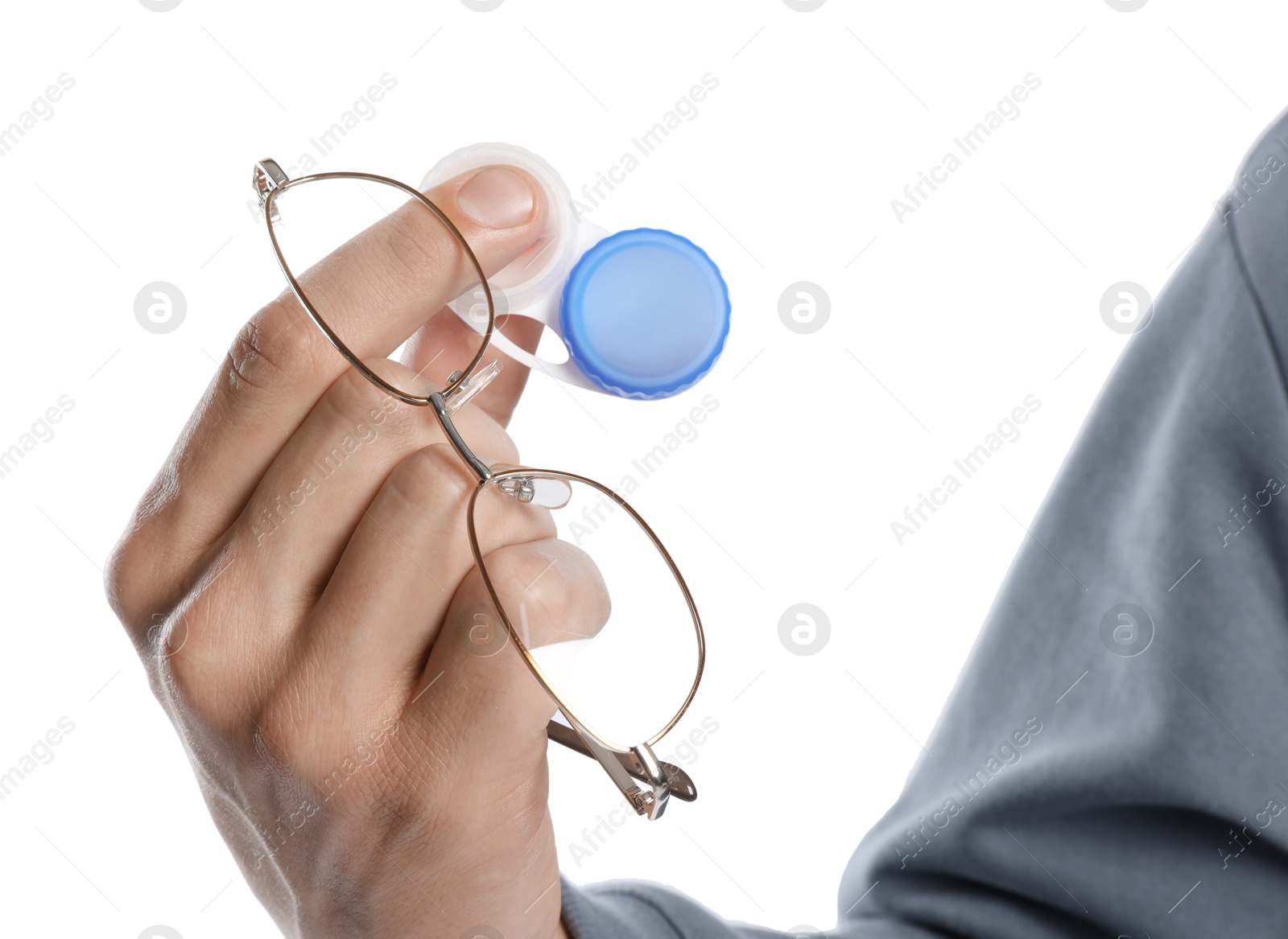 Man with glasses and contact lenses on white background, closeup Photo of Man with glasses and contact lenses on white background, closeup