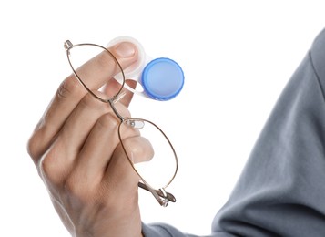 Photo of Man with glasses and contact lenses on white background, closeup