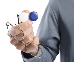 Photo of Man with glasses and contact lenses on white background, closeup