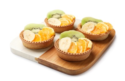 Photo of Tartlets with fruits isolated on white. Delicious dessert