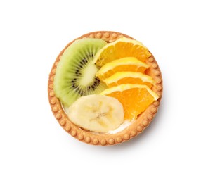 Photo of Tartlet with fruits isolated on white, top view. Delicious dessert