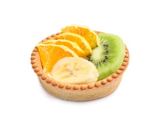 Photo of Tartlet with fruits isolated on white. Delicious dessert